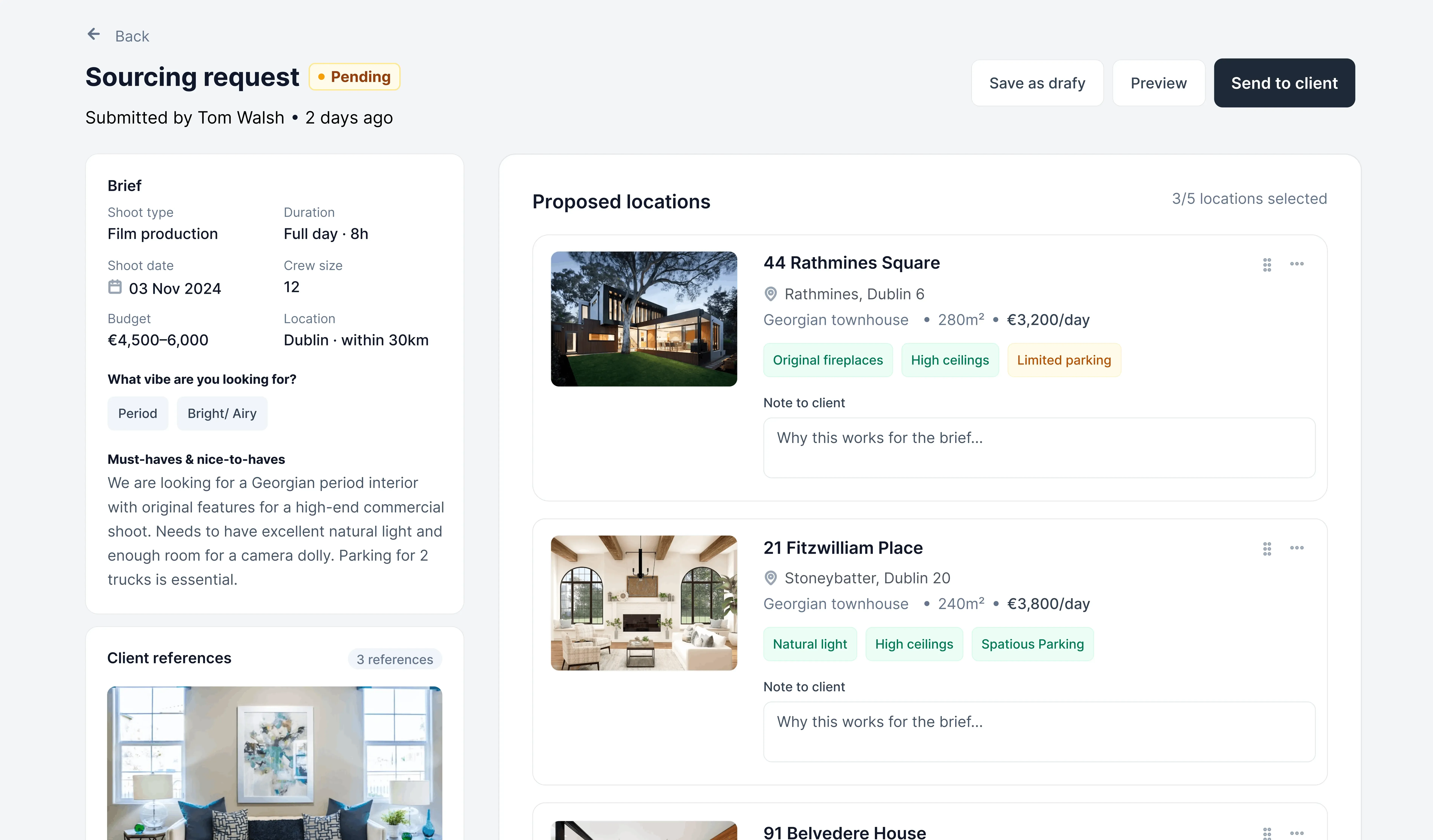 Supporting admin screens, covering scout assignment, request triage, and the property library detail view.