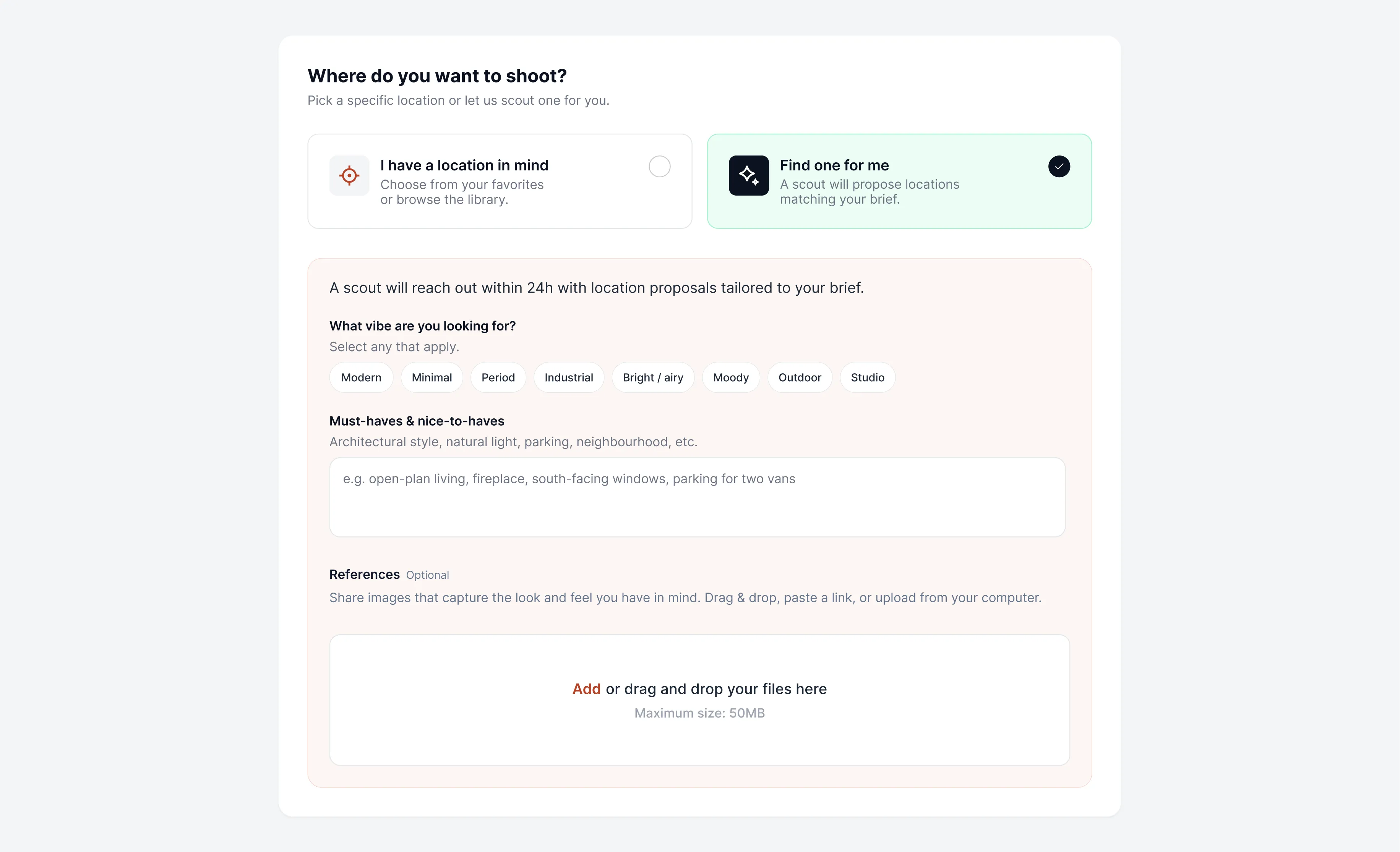 Client brief intake screen: choosing between picking a location yourself or having a scout find one, with vibe tags, a must-haves field, and a references upload area.