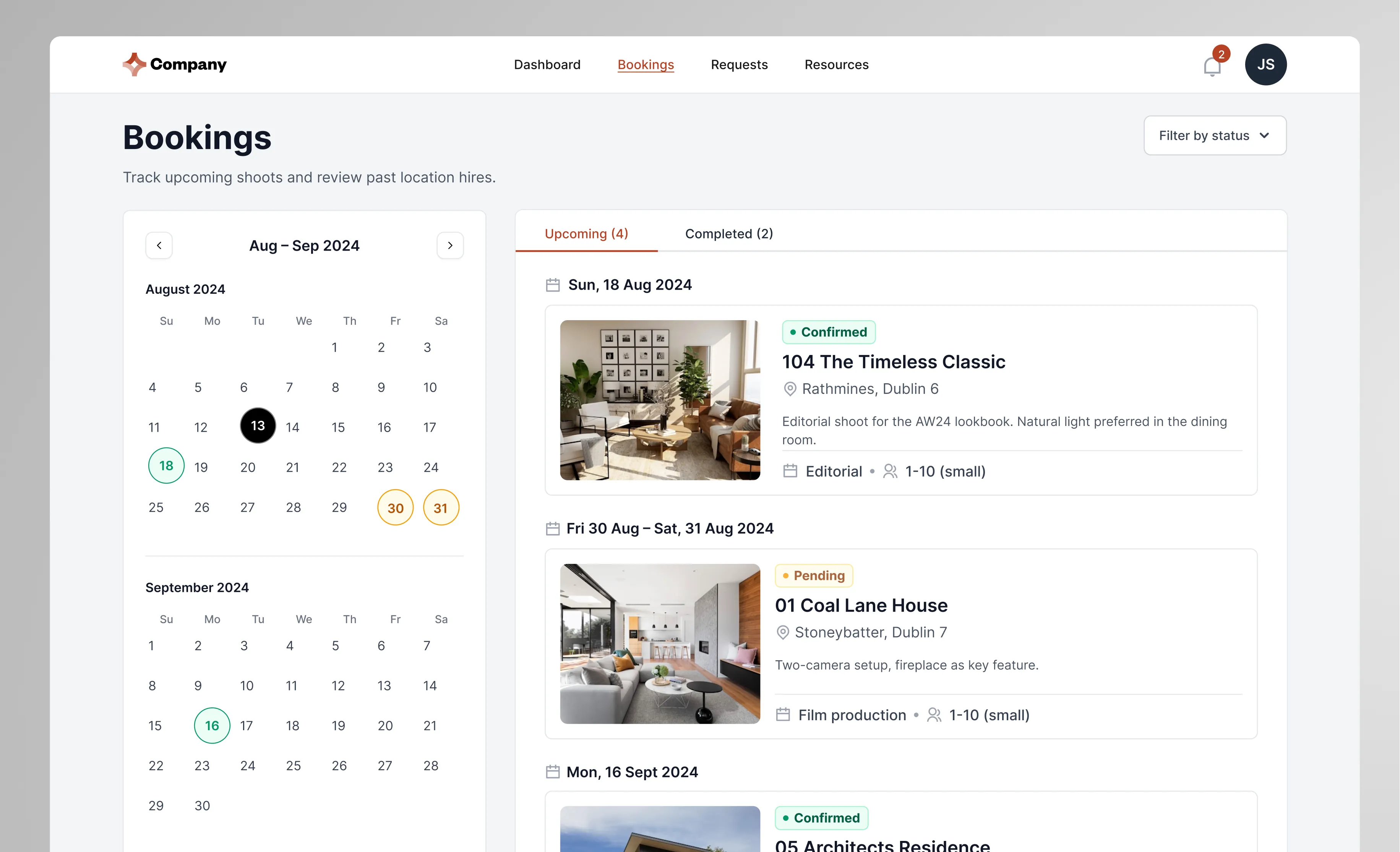 Client bookings dashboard: a calendar of upcoming and completed shoots alongside a list of bookings with status, location, and shoot details.