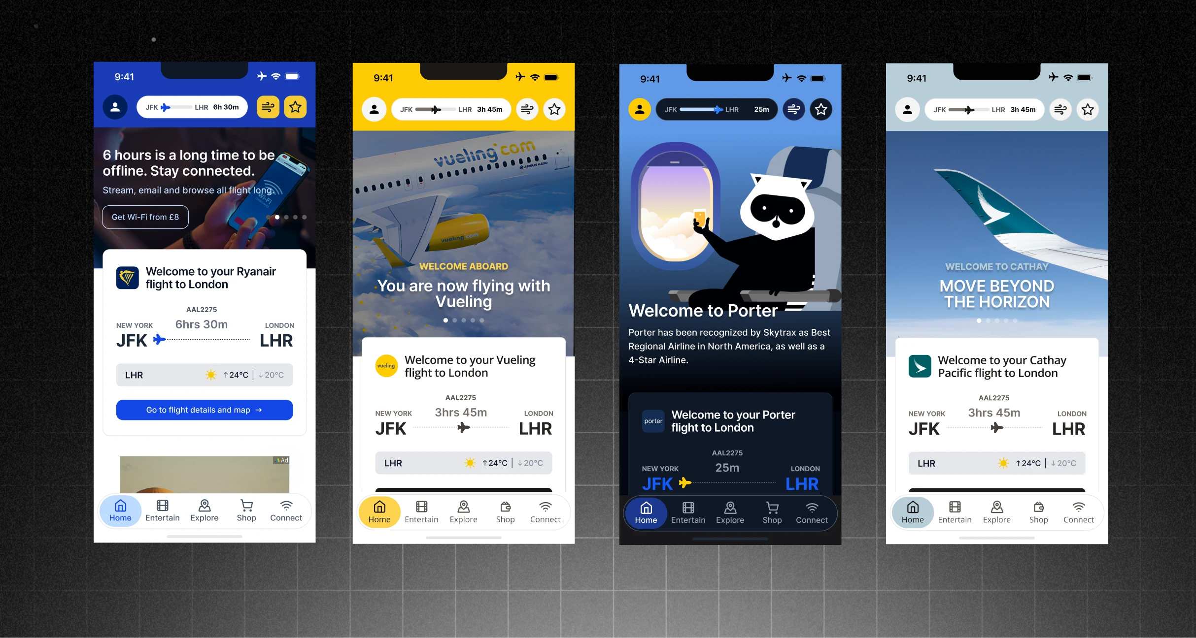 The same in-flight portal re-themed for several different airline brands, showing how brand colour, tone, and logo flex around one shared, cabin-friendly base.