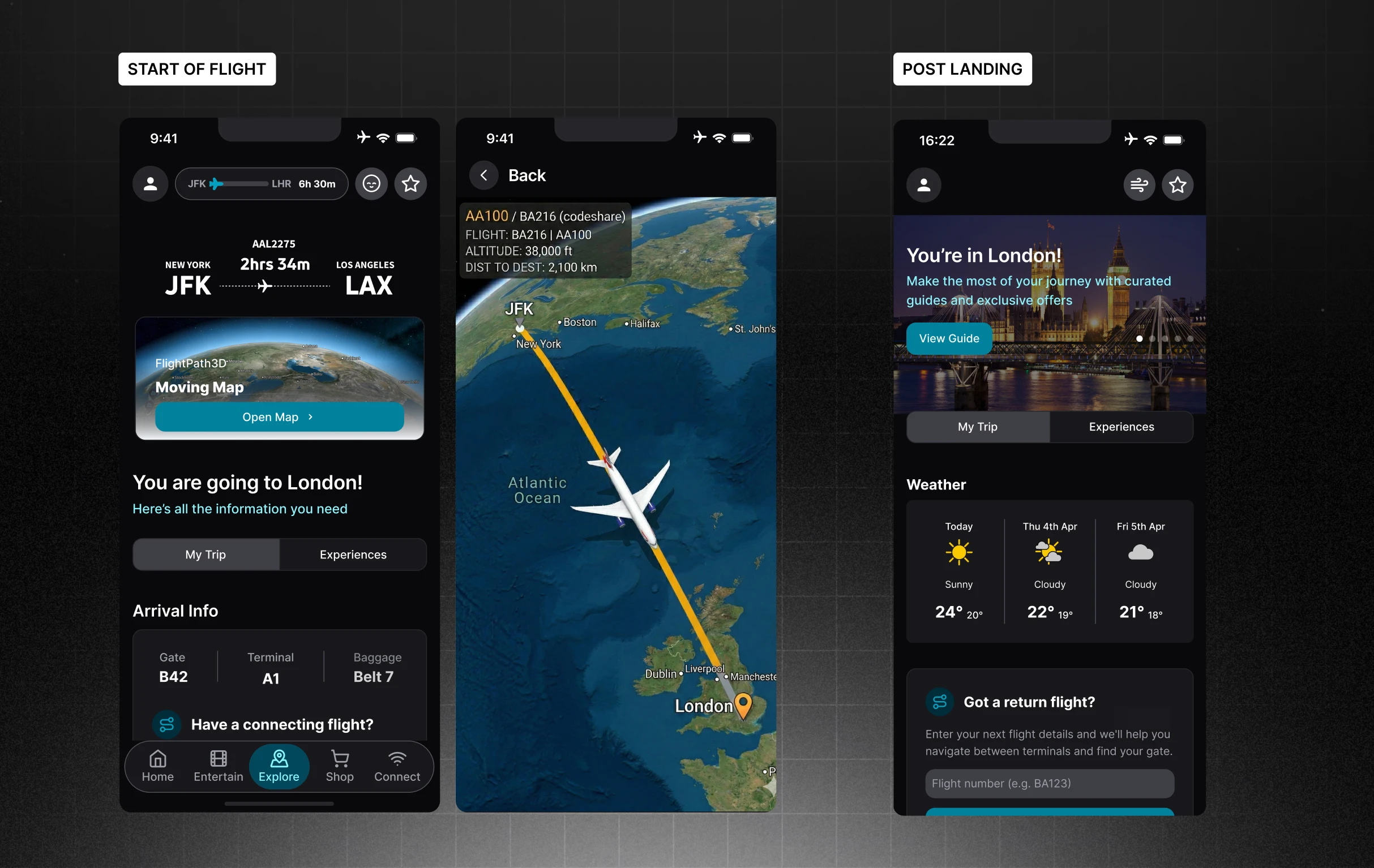 The home screen at different points in the flight, with the content shifting from boarding to cruise to descent and arrival.