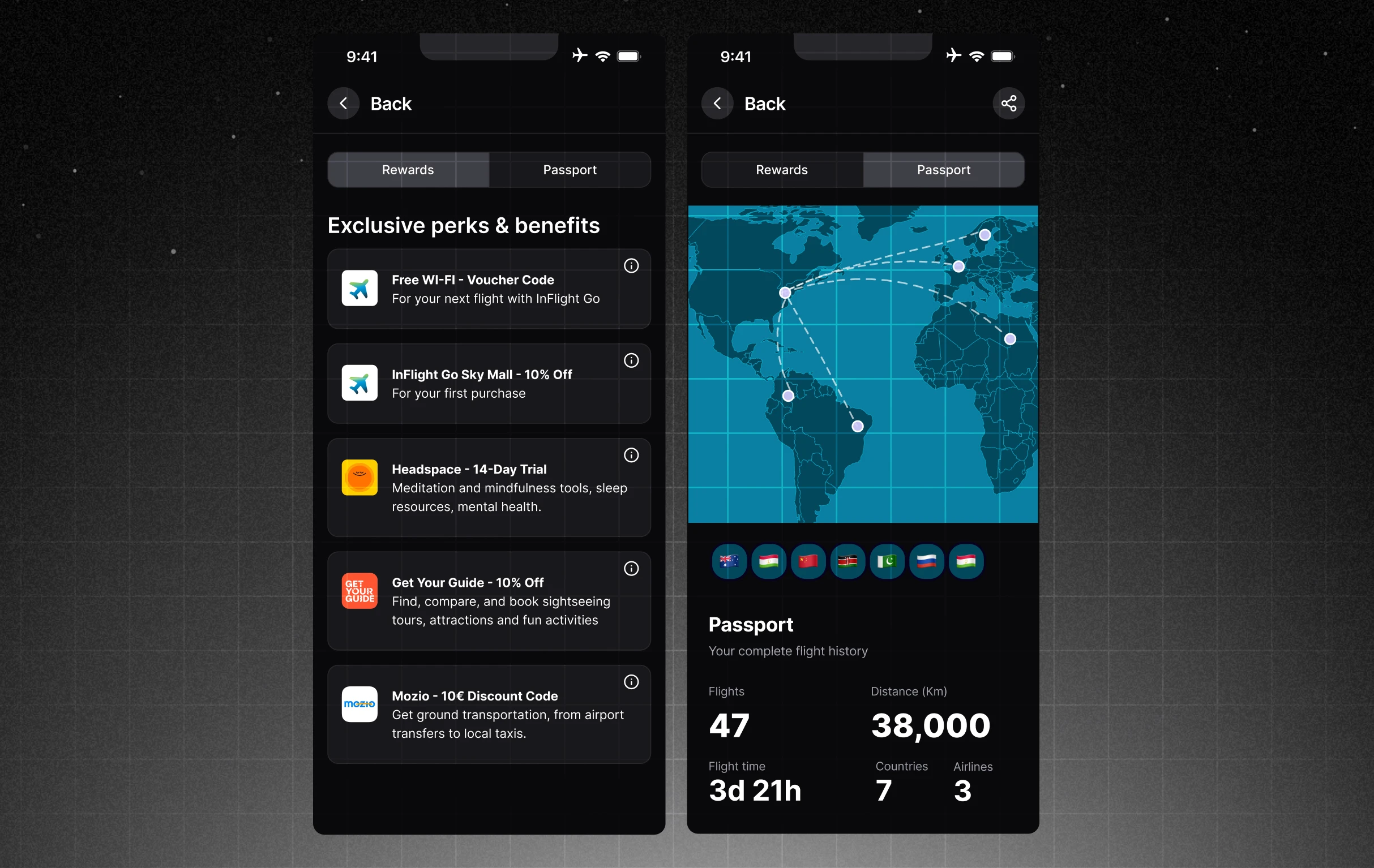 Screens showing the game-like rewards layer with free perks, and Passport, the collectible record of flights flown.