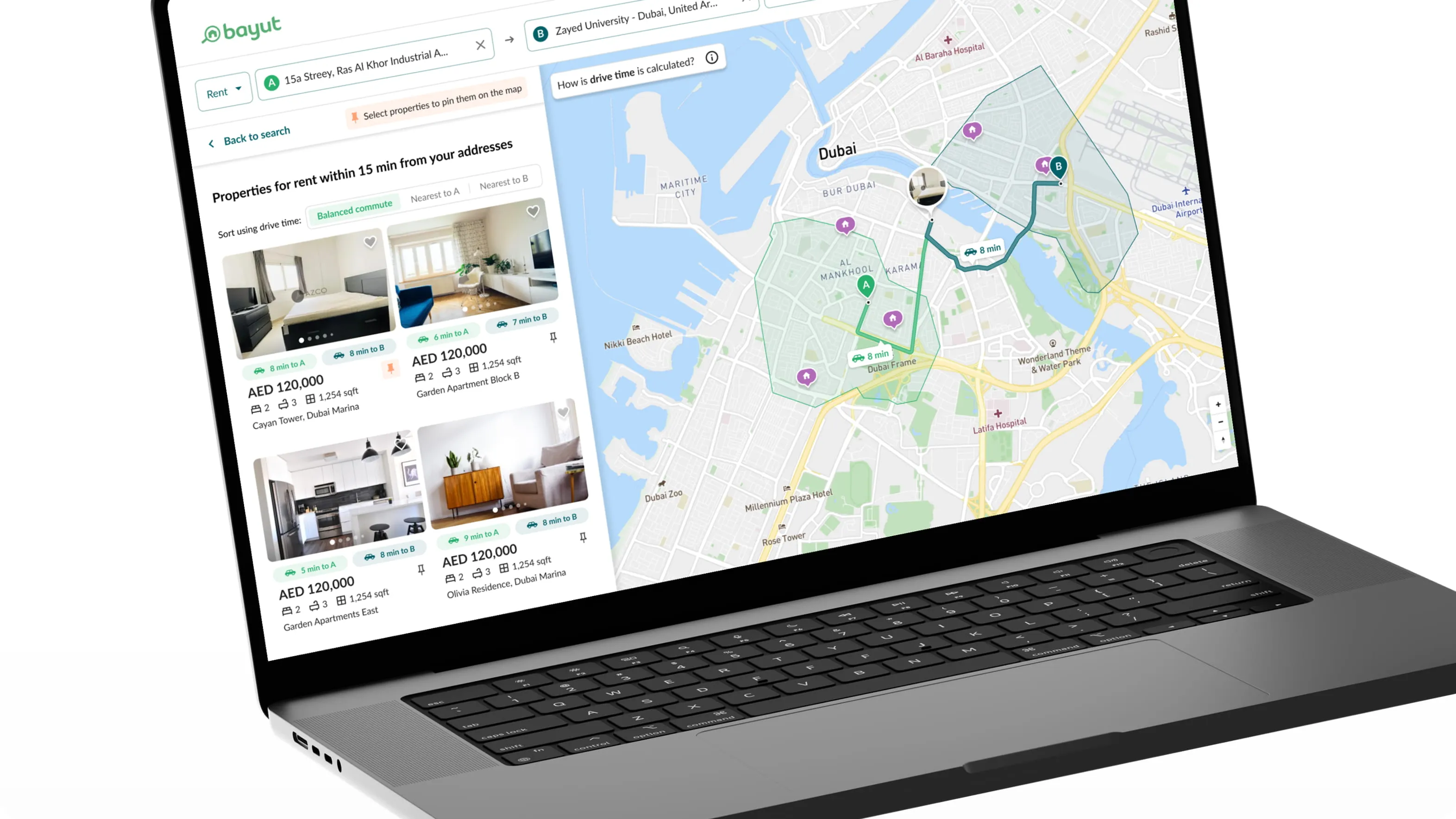 Bayut search with a Dubai map showing drive-time isochrones from two saved addresses and a list of properties reachable within 15 minutes.