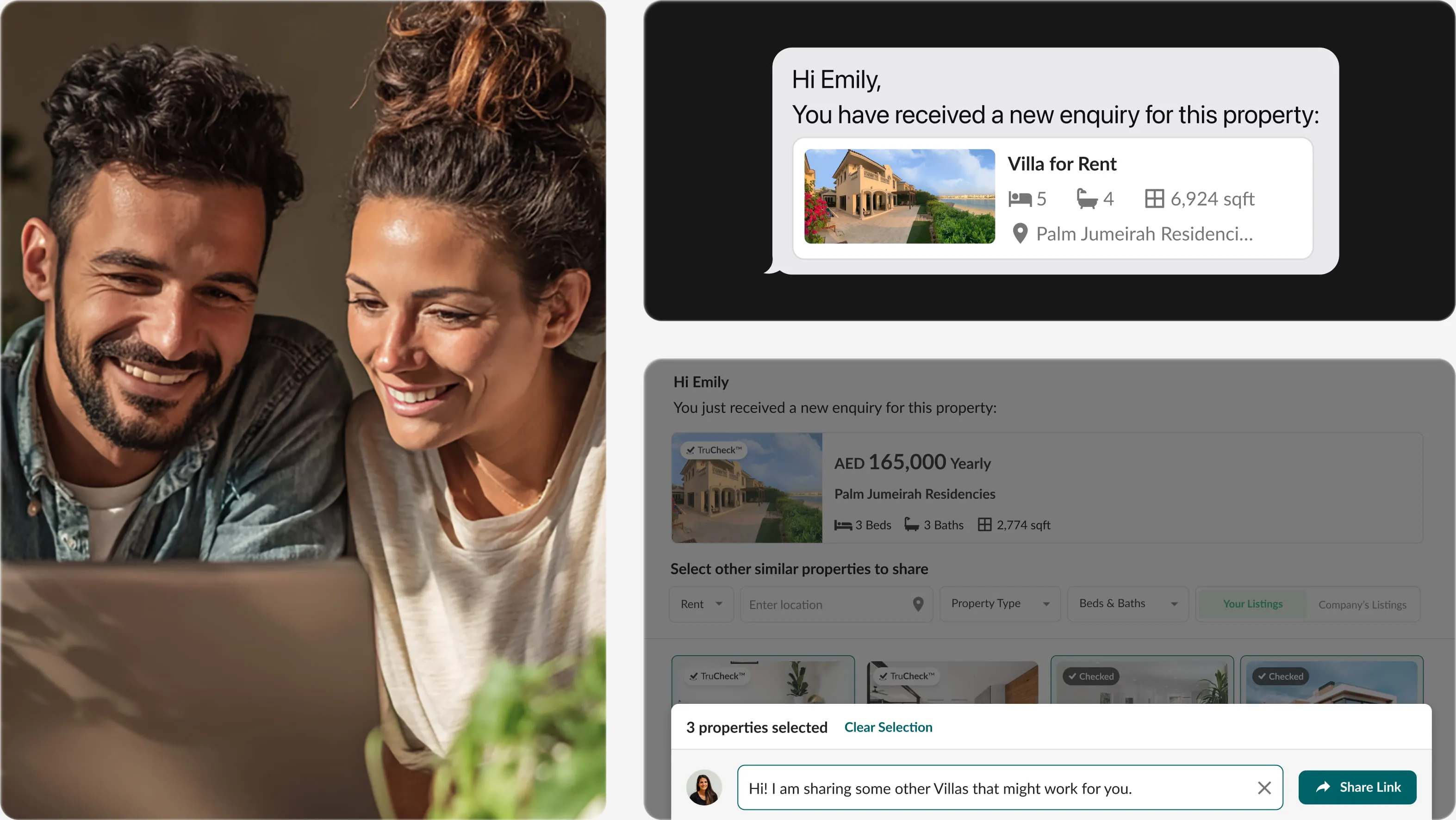 A couple browsing listings on a laptop alongside the agent's enquiry screen with selectable similar properties and a Share Link action.