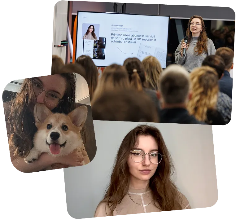 Diana — presenting on stage, with her corgi, and a portrait
