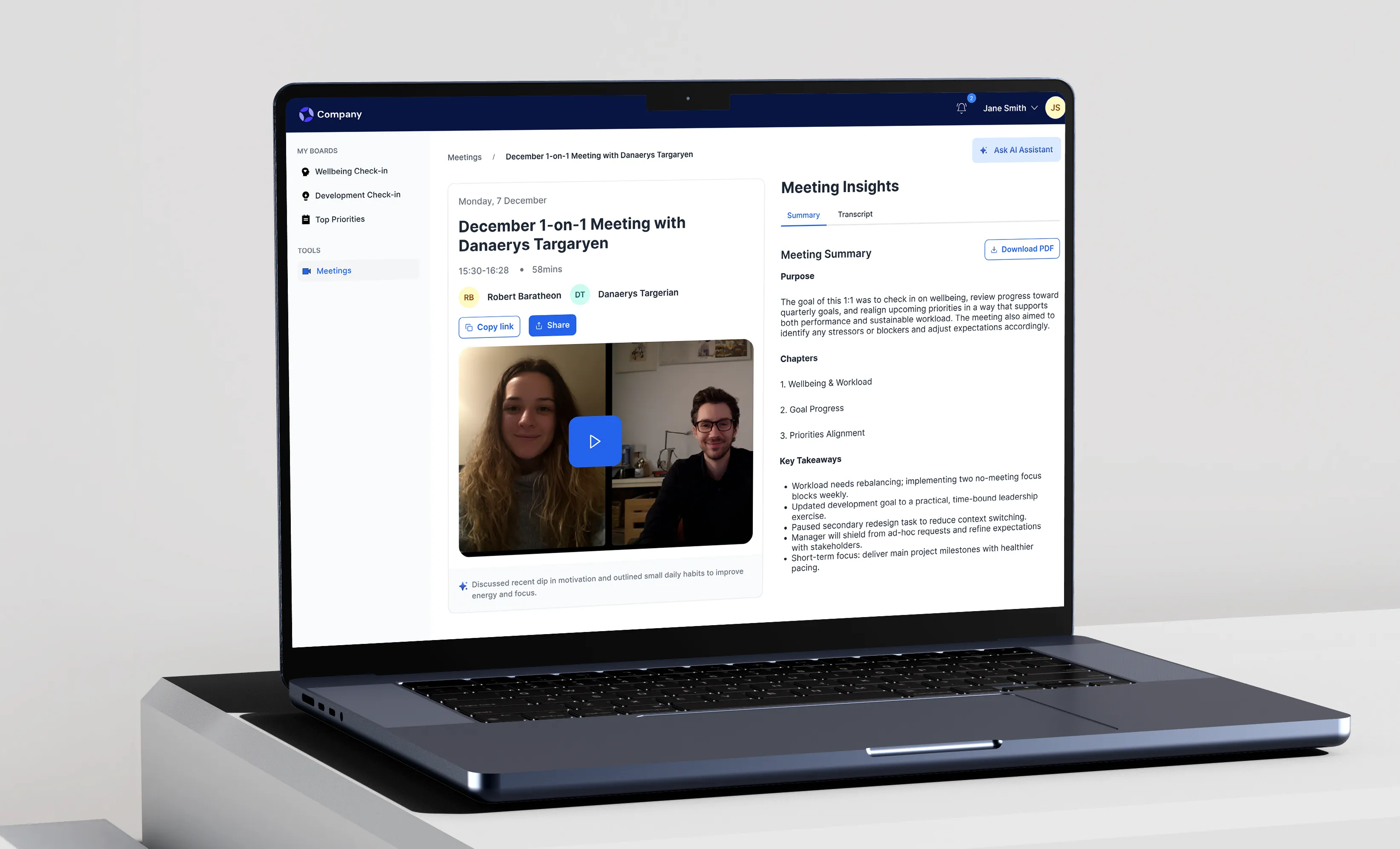 AI Assistant meeting insights dashboard, showing a recorded 1-on-1 with its summary, chapters, and key takeaways.