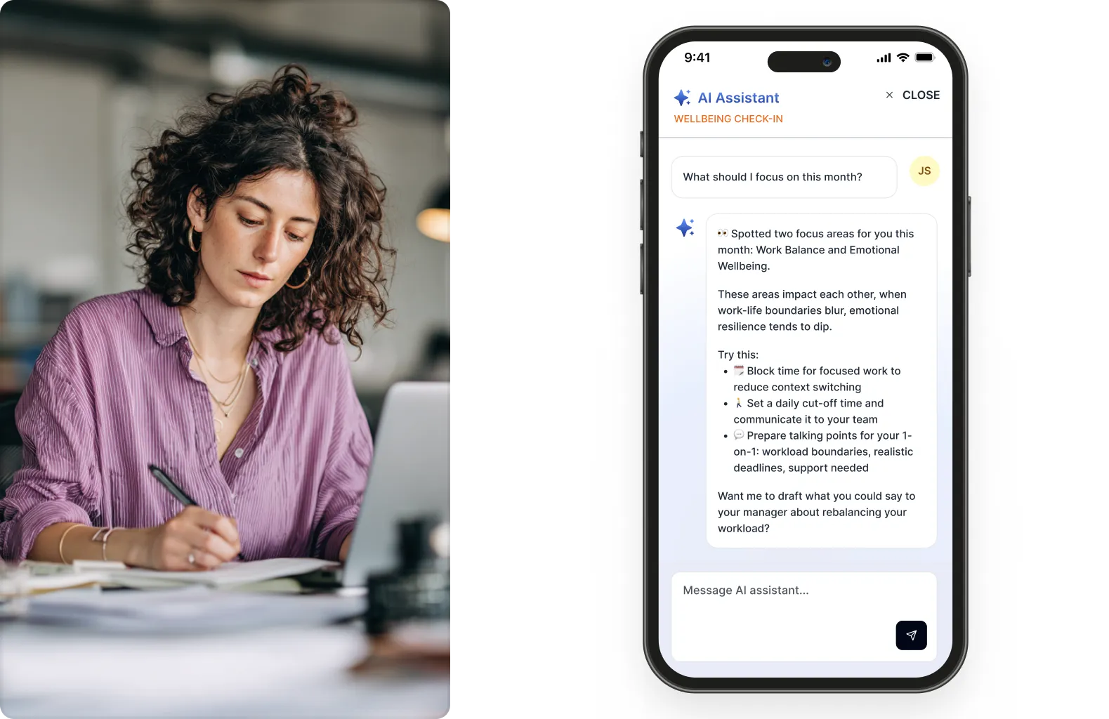 A person journaling beside a phone showing the AI Assistant wellbeing check-in, where the agent summarises focus areas and suggests concrete next steps in the conversation.