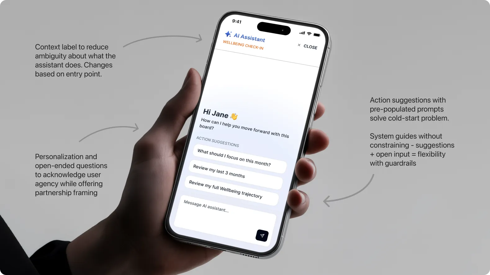 Supporting screens showing the agent's pre-populated prompts, an open-input state, and a follow-through suggestion.