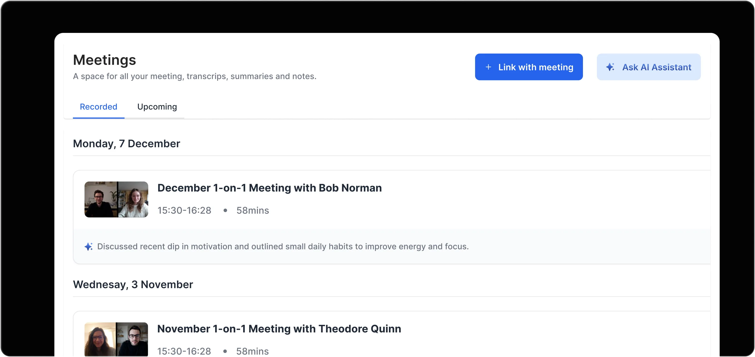 Supporting screens showing the link-with-meeting dialogue, a chat about a recorded meeting, and the meetings library with past and upcoming sessions.