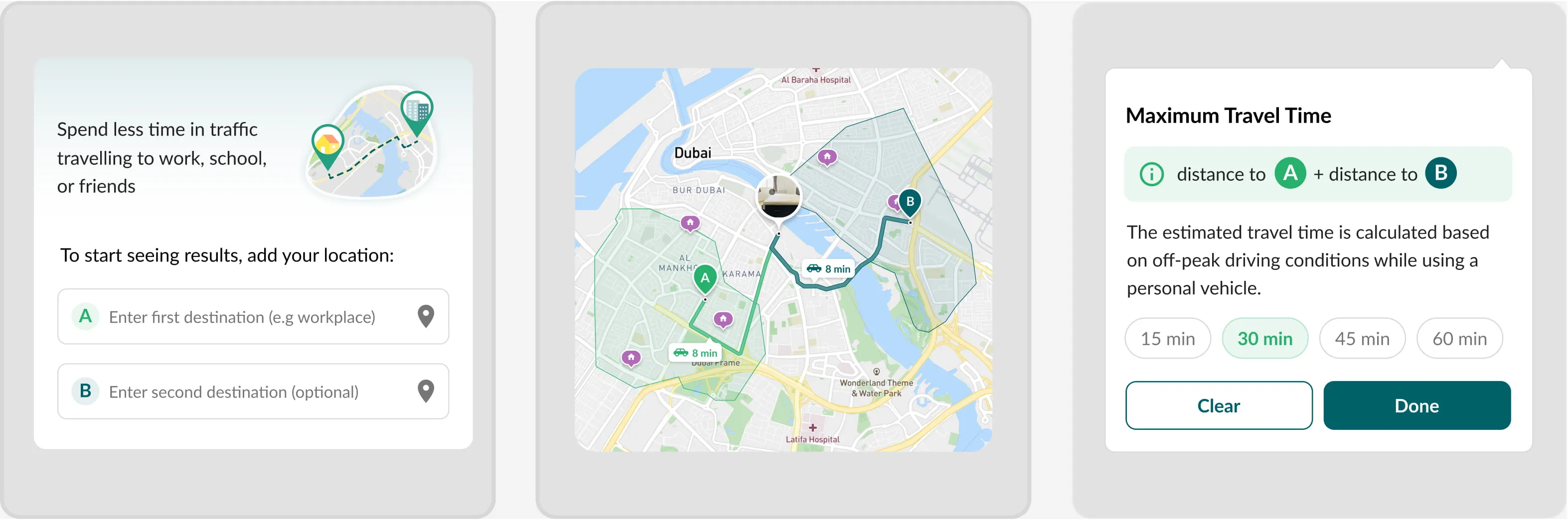 Three supporting screens: an empty location-entry state, a drive-time map with two destinations selected, and a Maximum Travel Time picker dialogue.
